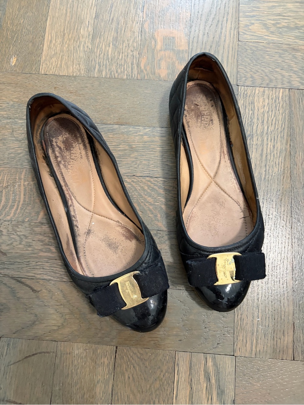 Salvatore Ferragamo Black Bow Toe Ballet Flats with Gold Logo